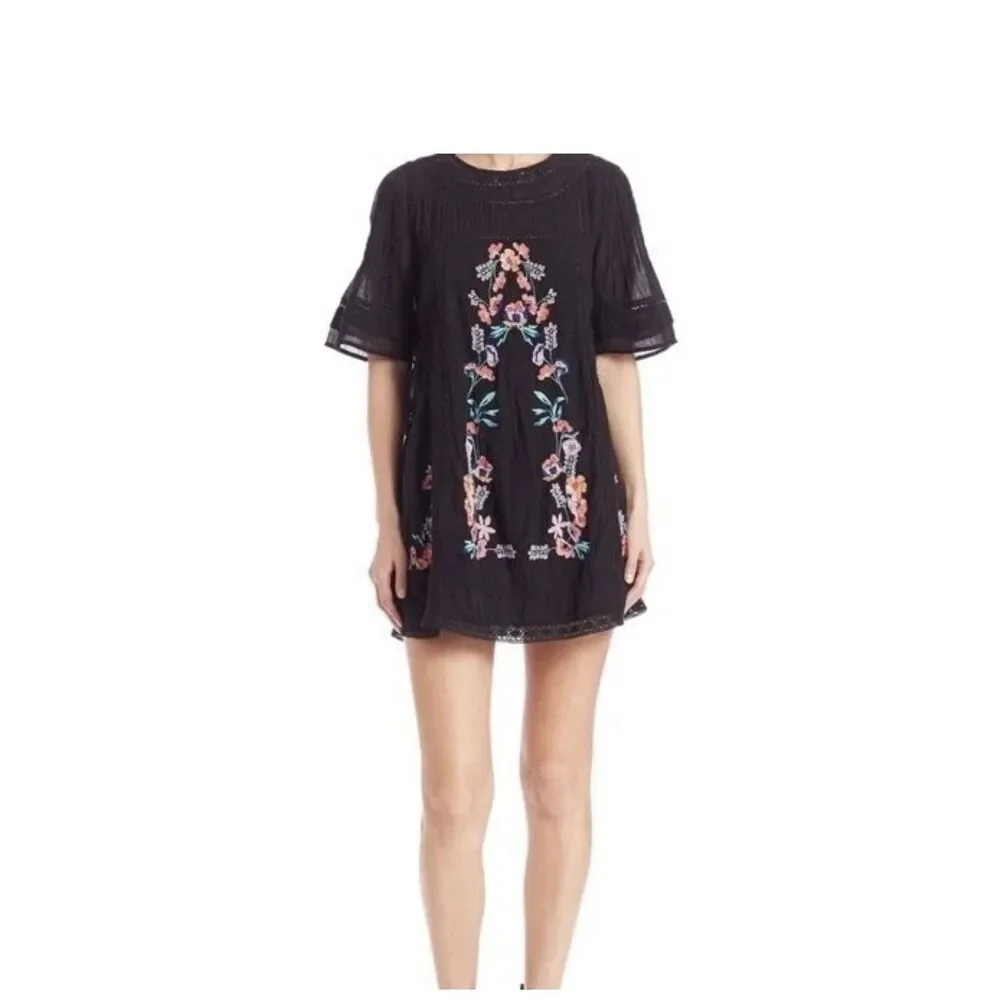 Free People Perfectly Victorian Embroidered Mini Dress Black Size Small